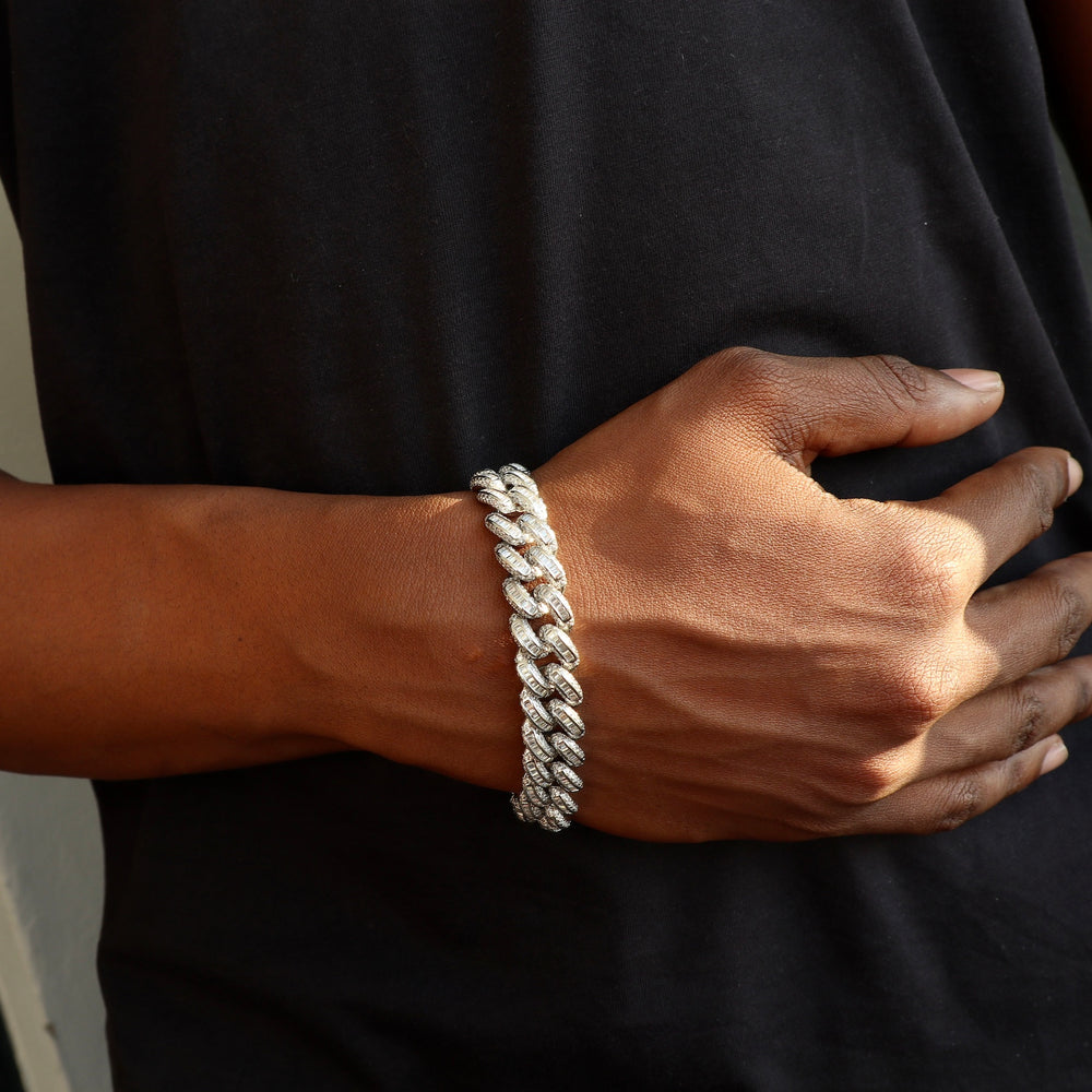 Model Wears The Baguette Cuban Bracelet - White Gold (13mm) 