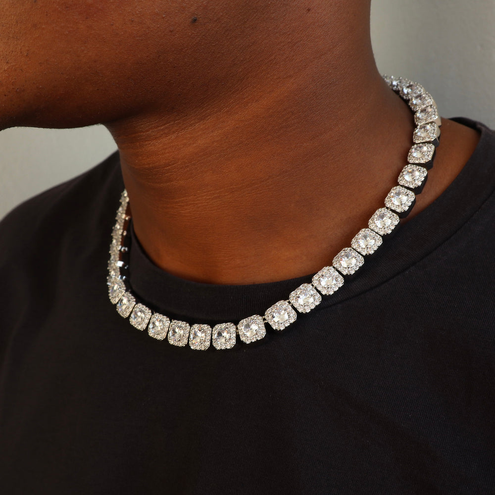 Model Wears The Clustered Tennis Chain - White Gold (9mm) - 46cm