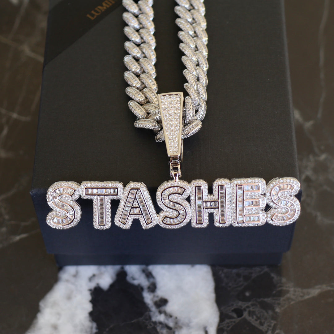 "Stashes" Custom Baguette Pendant - White Gold