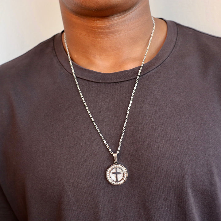 Model Wears The Holy One Pendant - White Gold