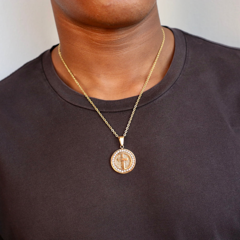 Model Wears The Holy One Pendant - Yellow Gold