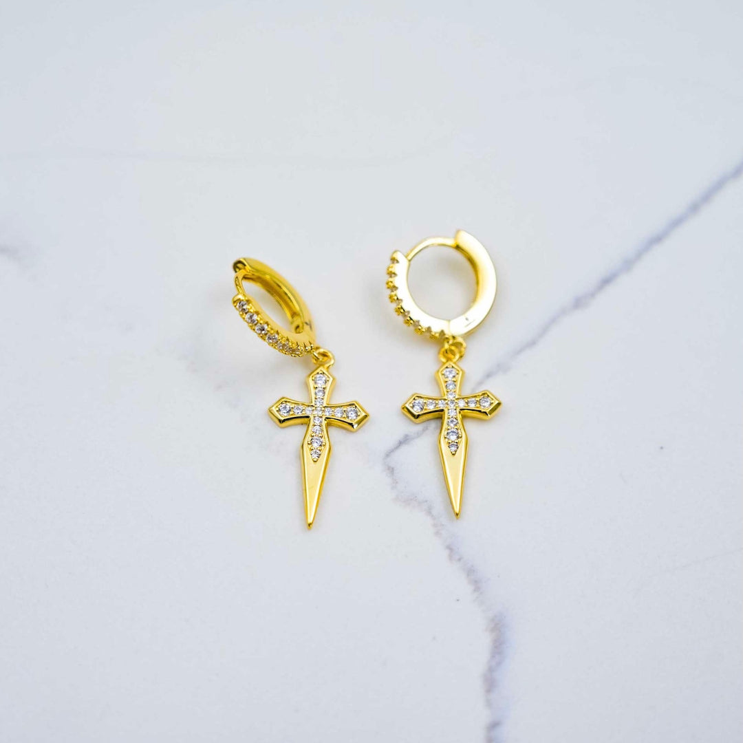 Hoop Cross Earrings - Yellow Gold on White Marble