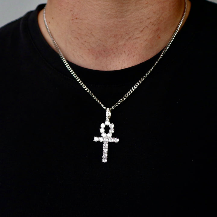 Model Wearing Iced Ankh - White Gold (Cuban)