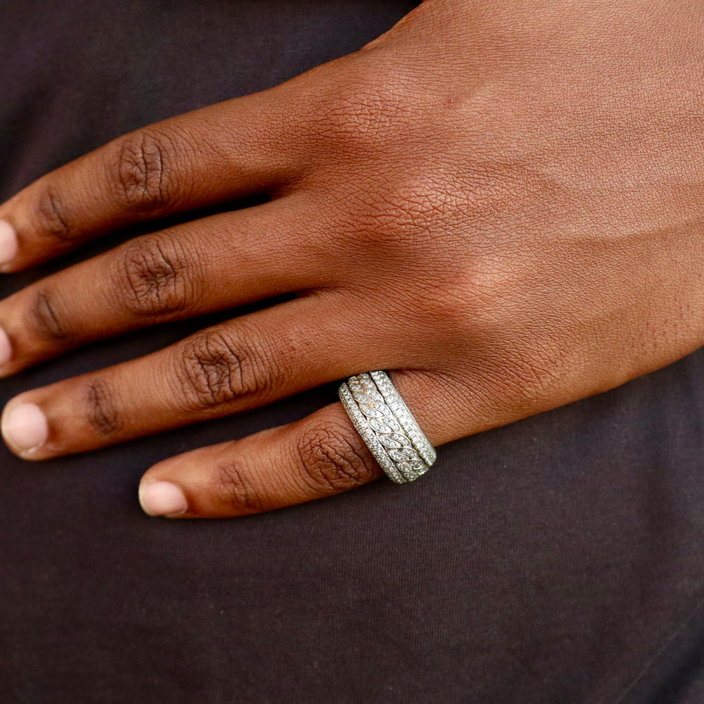 Model Wears The Iced Band Rotatable Curb Ring - White Gold