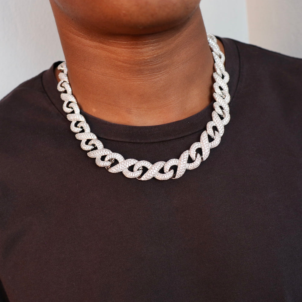 Model Wears The Iced Infinity Chain Link - White Gold (15mm) - 51cm