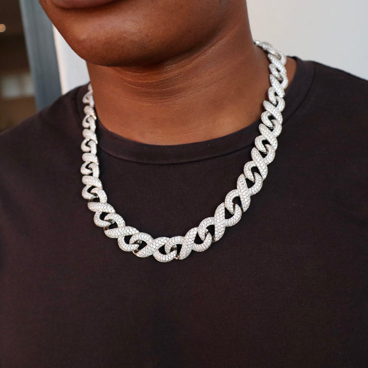 Model Wears The Iced Infinity Chain Link - White Gold (15mm) - 56cm