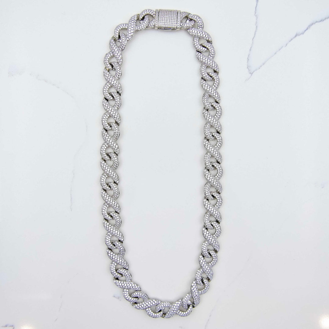Iced Infinity Chain Link - White Gold (15mm) on White Marble