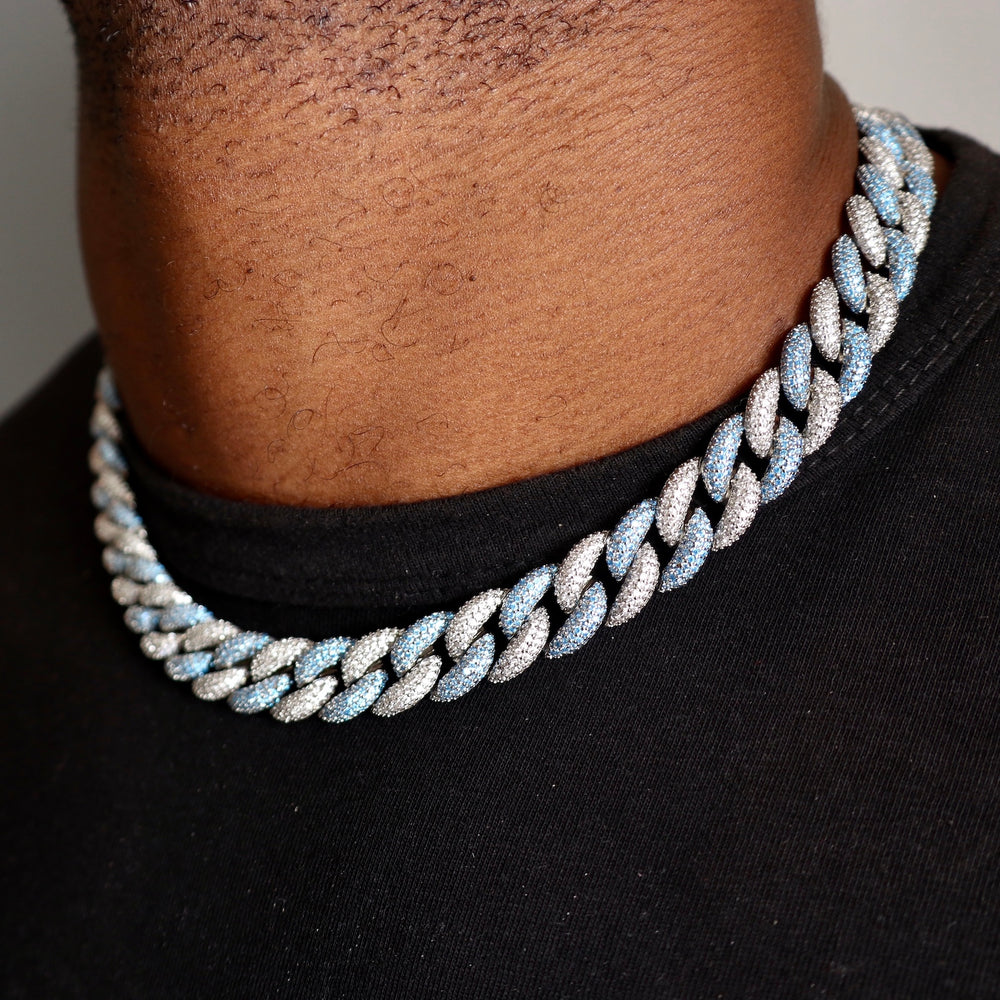 Model Wears The Iced Miami Cuban Link - Blue/White Gold (15mm)