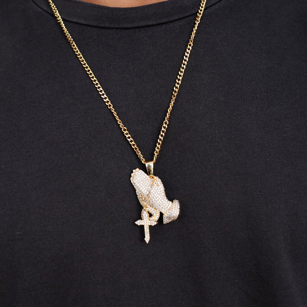Model Wears The Iced Praying Hands Pendant - Yellow Gold