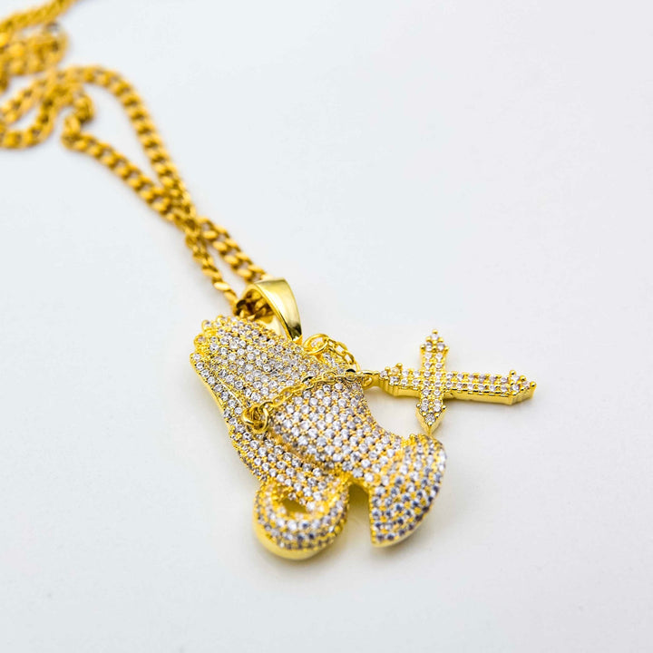 Iced Praying Hands Pendant - Yellow Gold on White Marble