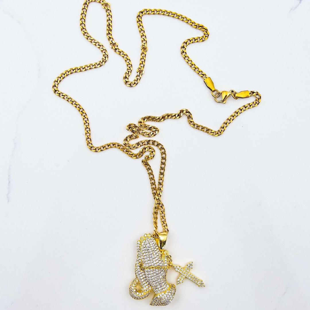 Iced Praying Hands Pendant - Yellow Gold on White Marble