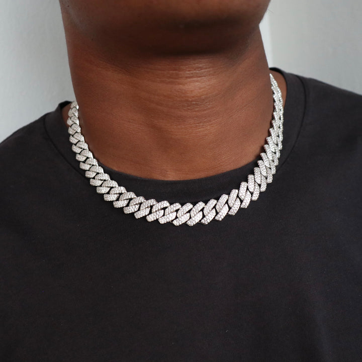 Model Wears The Iced Prong Link - White Gold (14mm) - 46cm