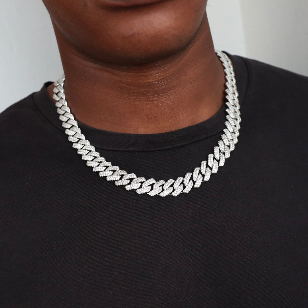 Model Wears The Iced Prong Link - White Gold (14mm) - 51cm