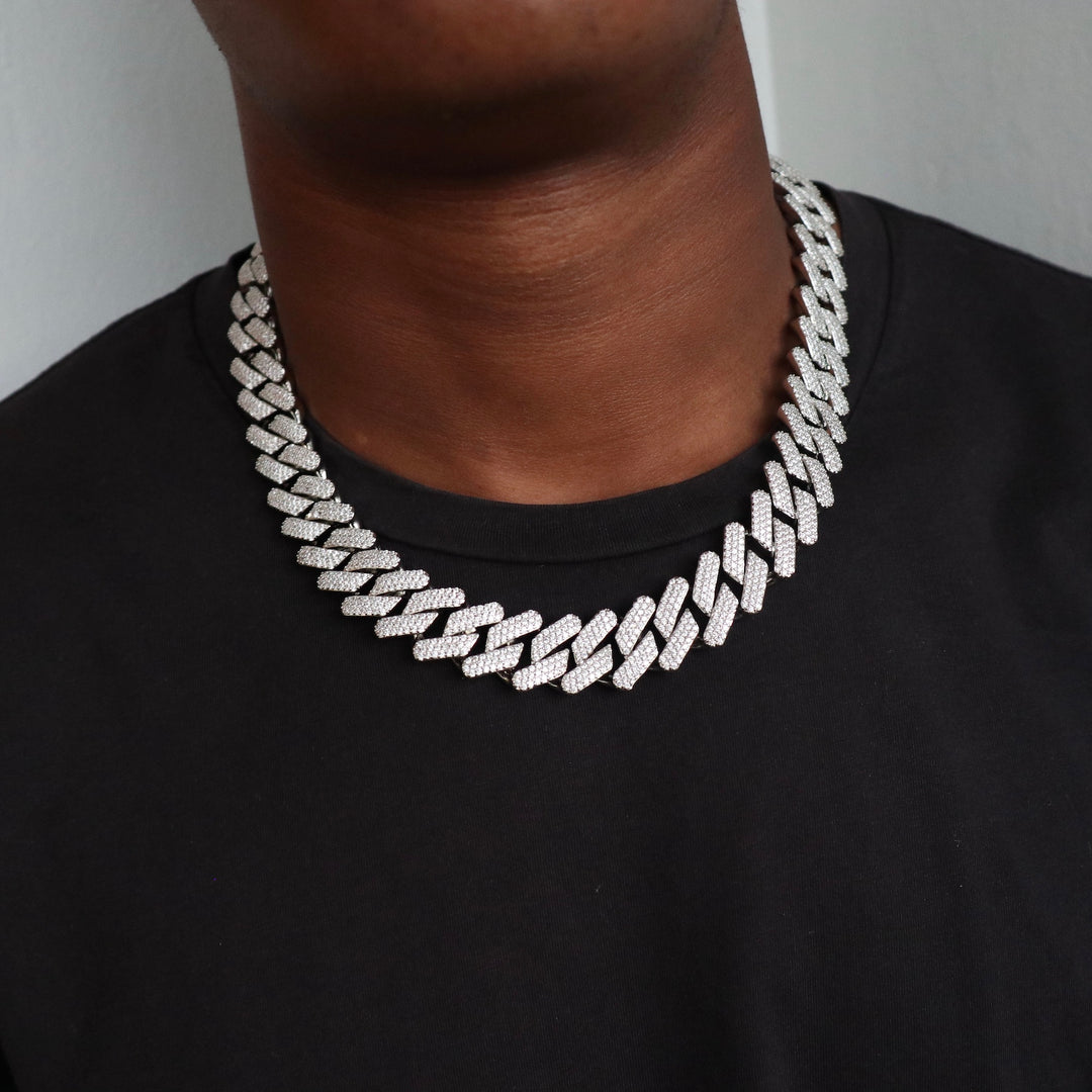Model Wears The Iced Prong Link - White Gold (20mm) - 51cm