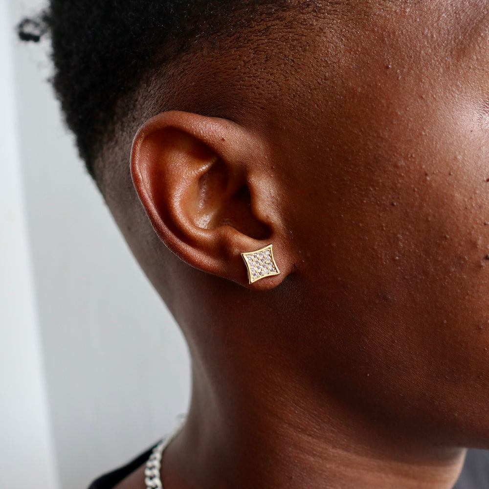 Model Wears The Iced Square Earrings - Yellow Gold
