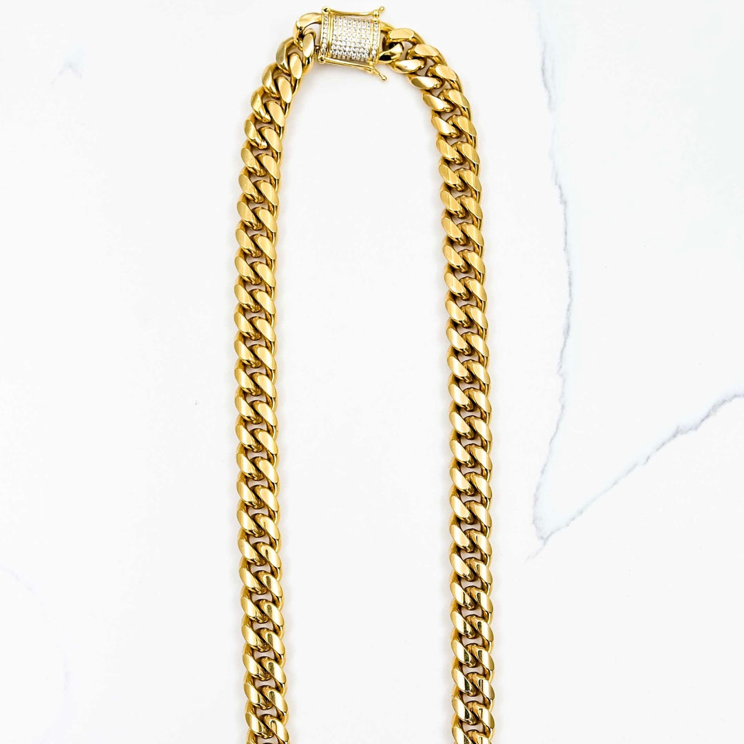 Miami Cuban Link Chain w/ Box Clasp - Gold (12mm) on White Marble
