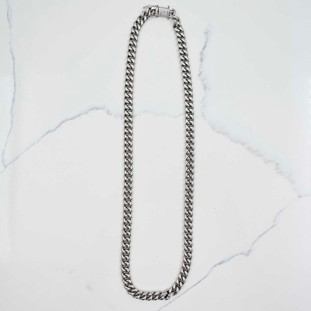 Miami Cuban Link Chain w/ Box Clasp - Silver (8mm) on White Marble