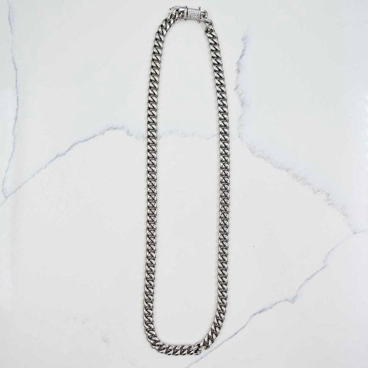 Miami Cuban Link Chain w/ Box Clasp - Silver (8mm) on White Marble