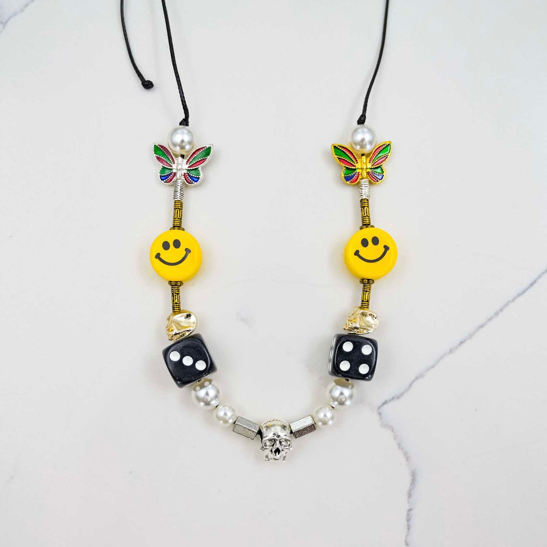 Smiley Pearl Necklace - Black Dice on White Marble