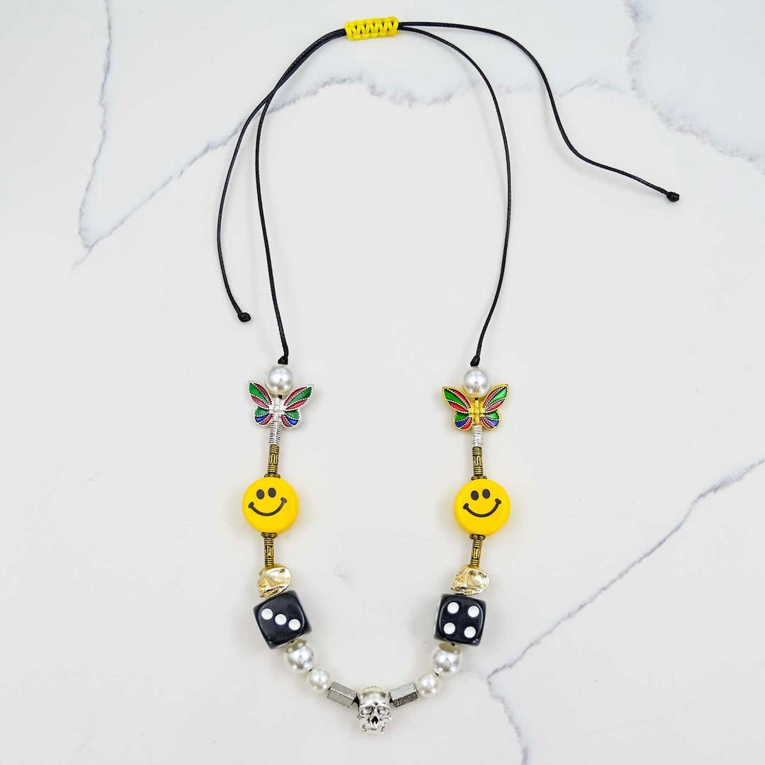 Smiley Pearl Necklace - Black Dice on White Marble