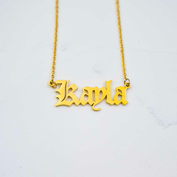 Women's Custom Nameplate Necklace - Gold on White Marble