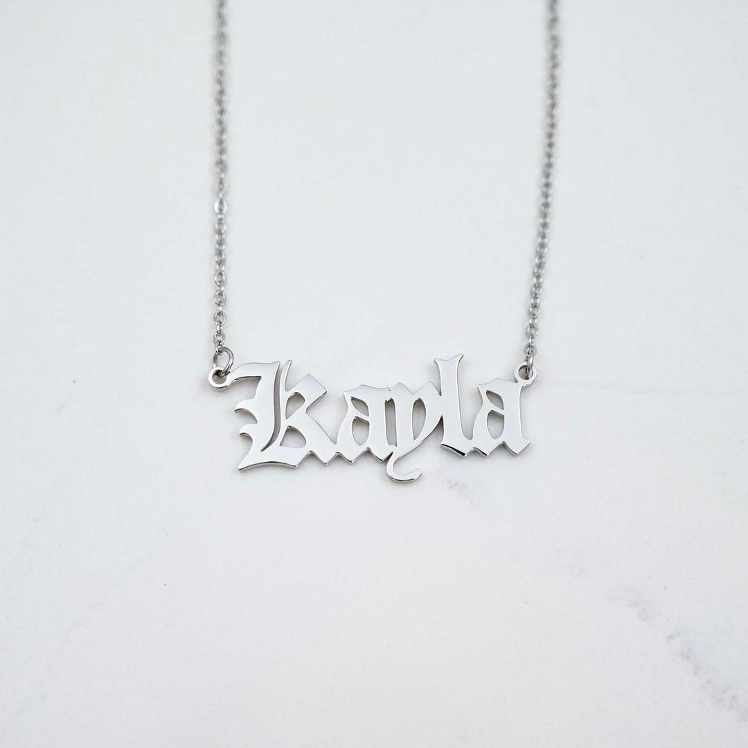 Women's Custom Nameplate Necklace - Silver on White Marble